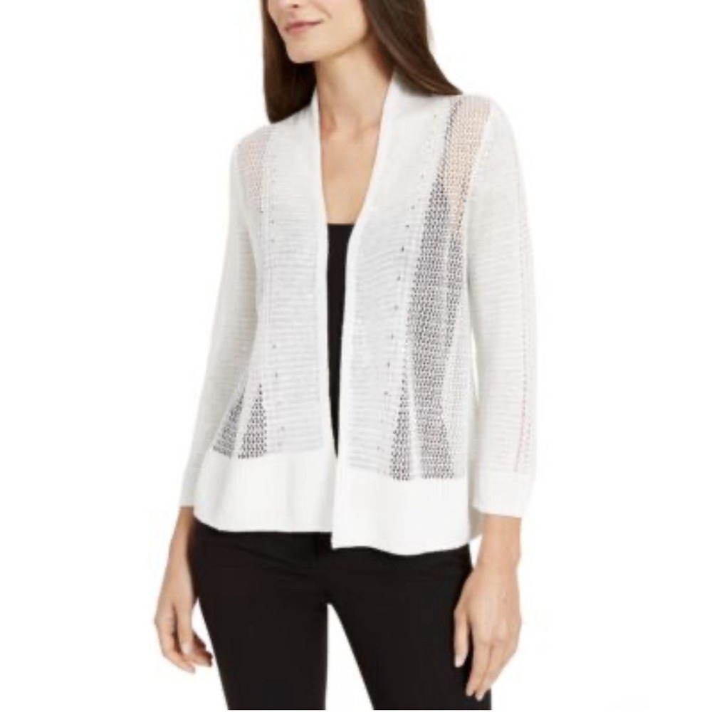 Alfani Women's White Linen  Mixed Open Knit Open-Front Cardigan Sweater Size L